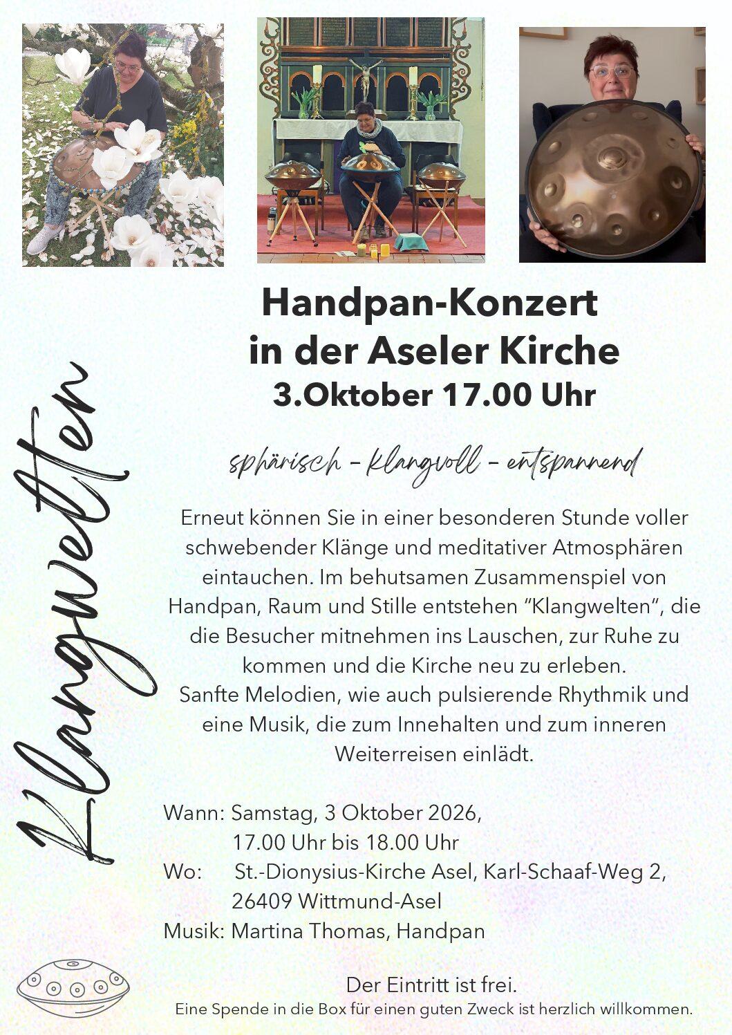 3. Oktober, 17.00 Uhr – Handpan-Konzert in der Kirche Asel